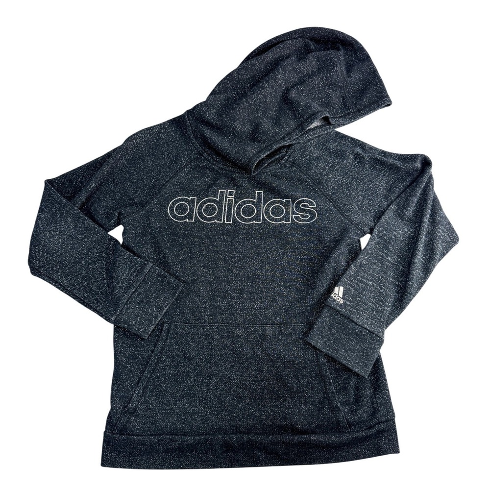 Adidas Hoodie Girls Pullover Sweatshirt M 10/12 Black Sparkle Logo Athleisure